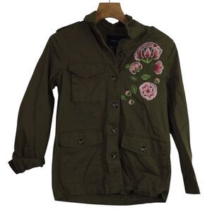 Jealous Tomato Womens Shirt Jacket Embroidered Floral Military Army Green Size S
